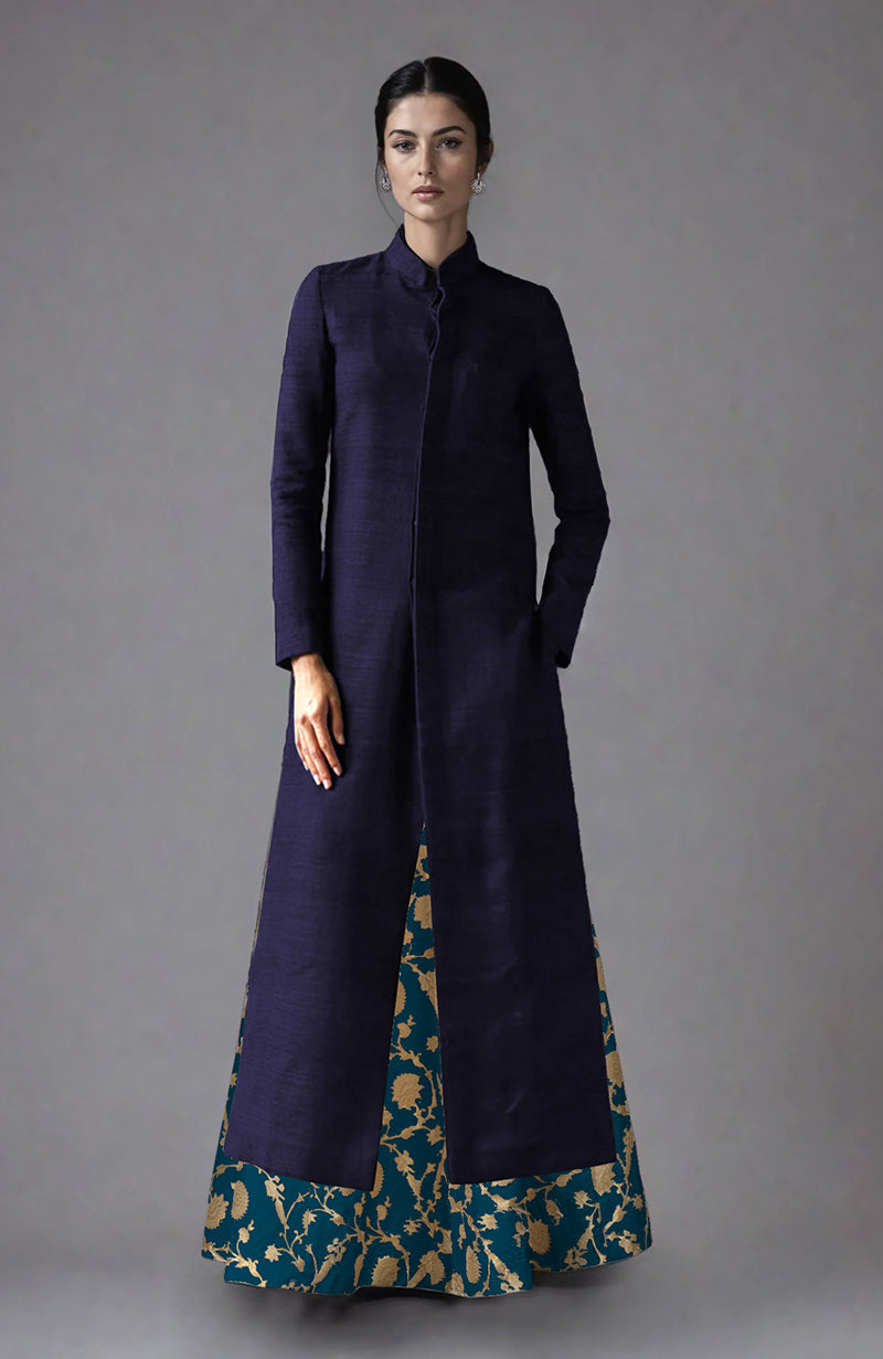 Eclipse Blue Raw Silk Jacket & Skirt Set