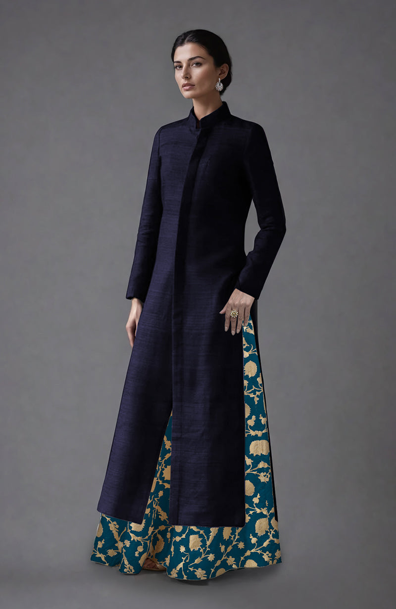 Eclipse Blue Raw Silk Jacket & Skirt Set