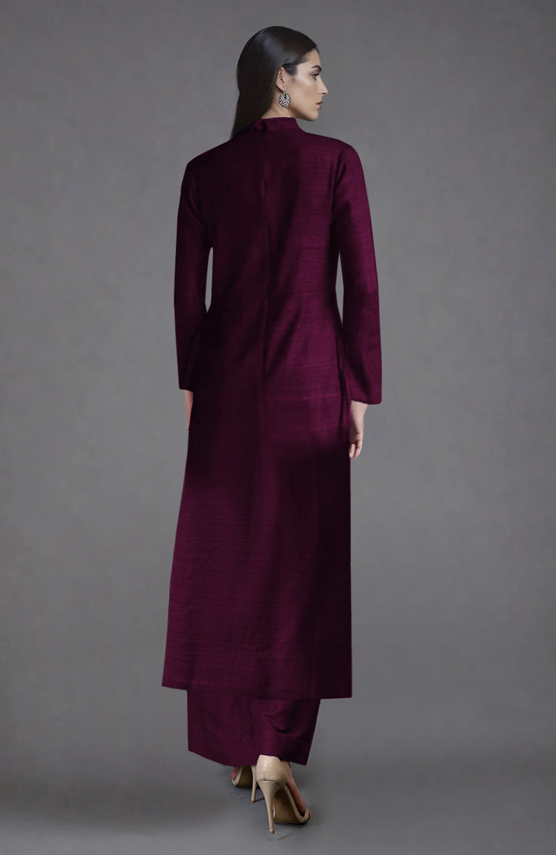 Wine Raw Silk Jacket Set