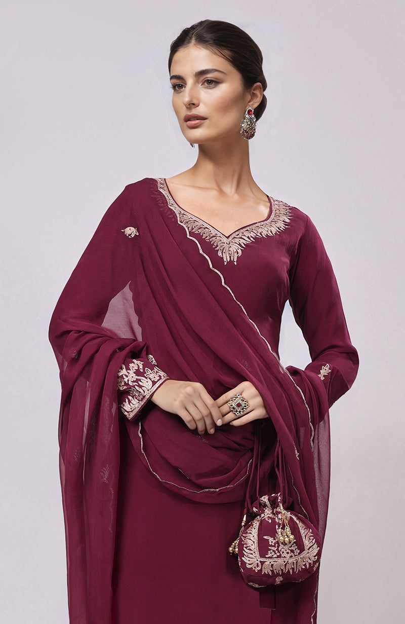 Burgundy Kashmiri Tilla Aari Embroidered Kurta Set