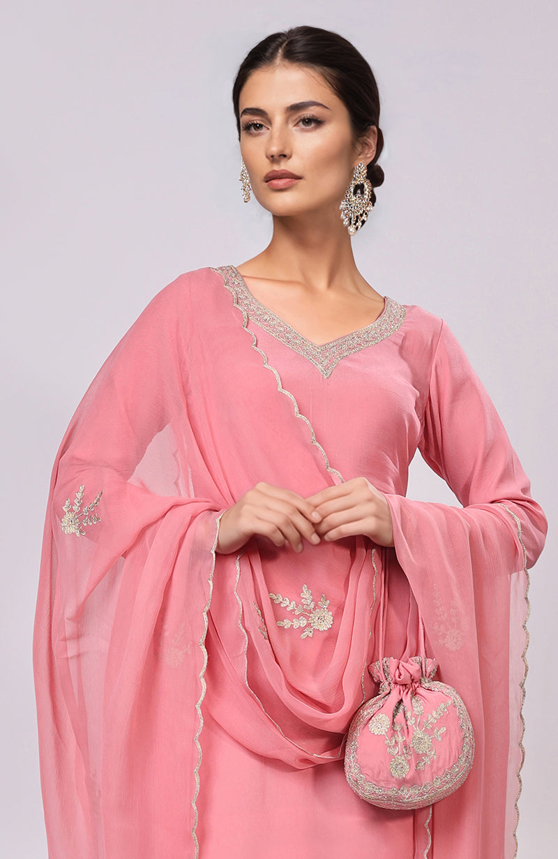 Pink Kashmiri Tilla Aari Embroidered Kurta Set