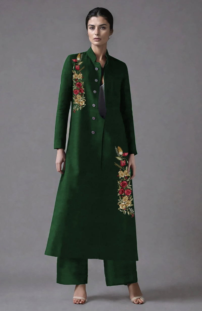 Emerald Green Parsi Gara Embroidered Jacket Set