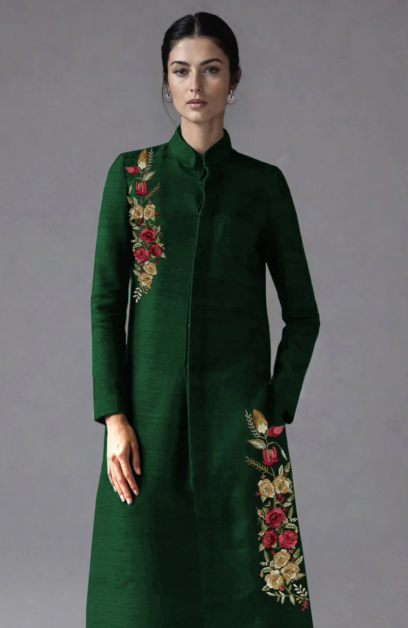 Emerald Green Parsi Gara Embroidered Jacket Set