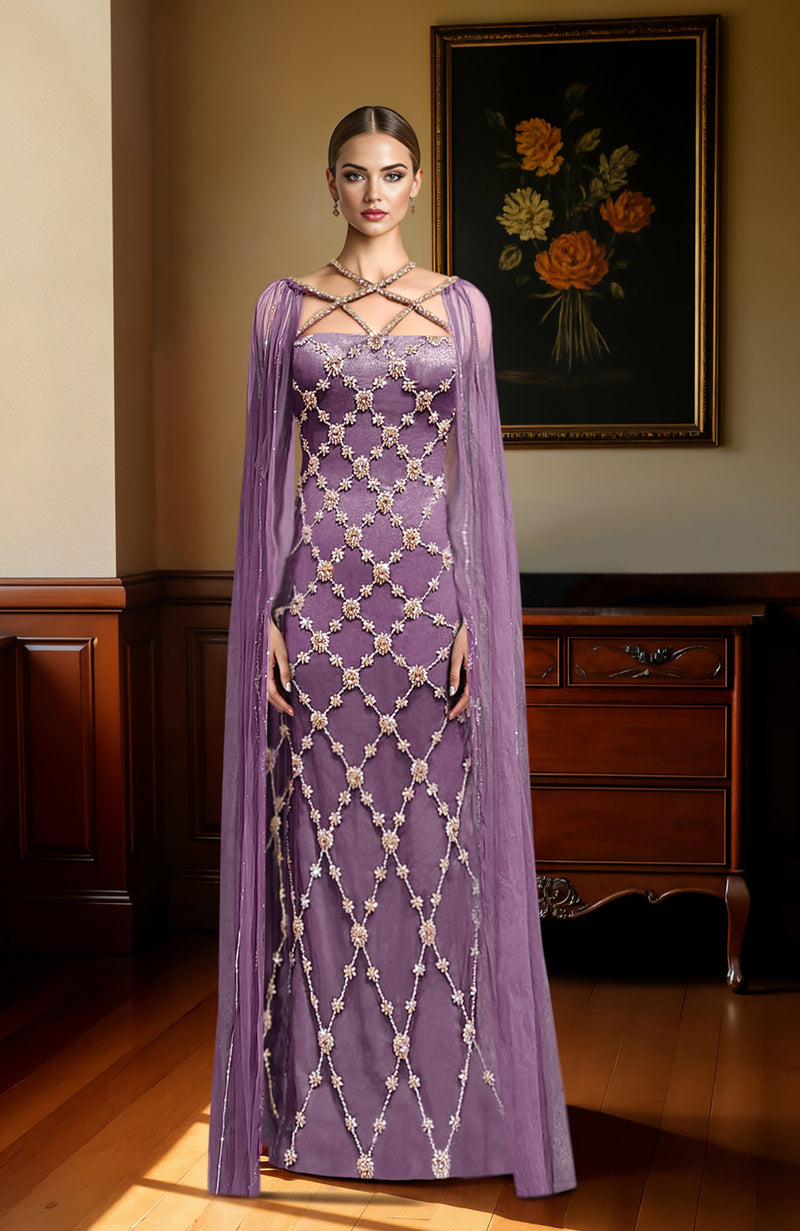 NAIRA- Mauve Crystal Hand Embroidered Gown With Cape