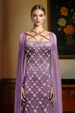 NAIRA- Mauve Crystal Hand Embroidered Gown With Cape