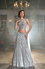 NAIRA-Silver Grey Crystal Hand Embroidered Corset Lehenga set