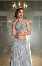 NAIRA-Silver Grey Crystal Hand Embroidered Corset Lehenga set