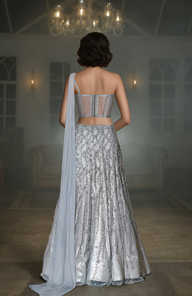 NAIRA-Silver Grey Crystal Hand Embroidered Corset Lehenga set