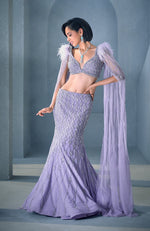 NAIRA Lilac Crystal Hand Embroidered Mermaid Lehenga Set with Feather Deatil