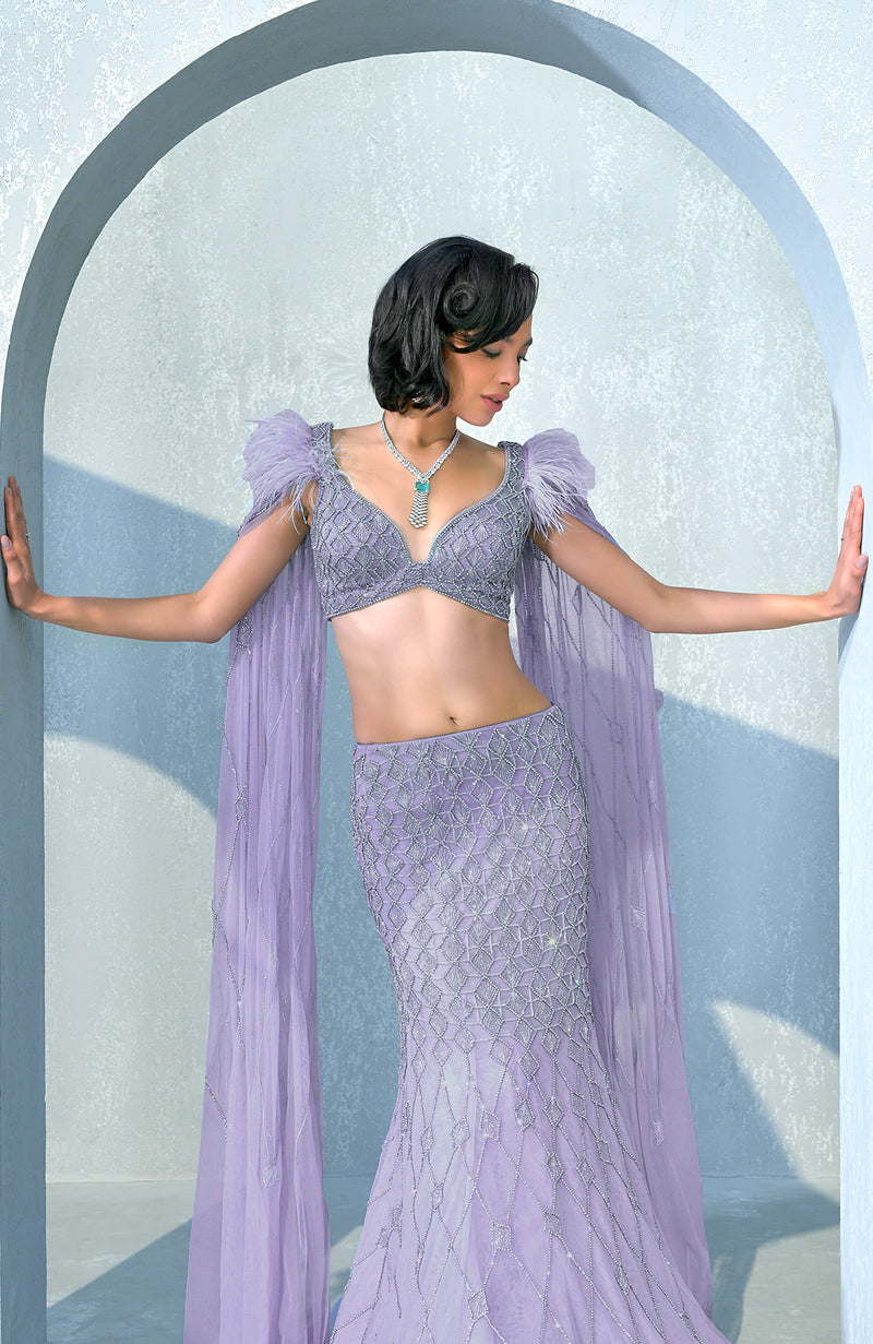 NAIRA Lilac Crystal Hand Embroidered Mermaid Lehenga Set with Feather Deatil