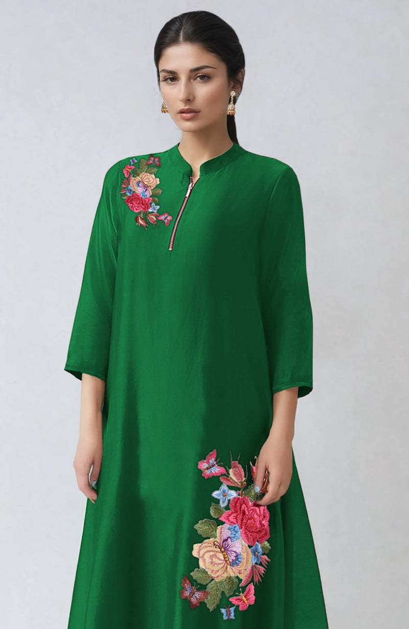 Green Parsi Gara Embroidered Kaftan set