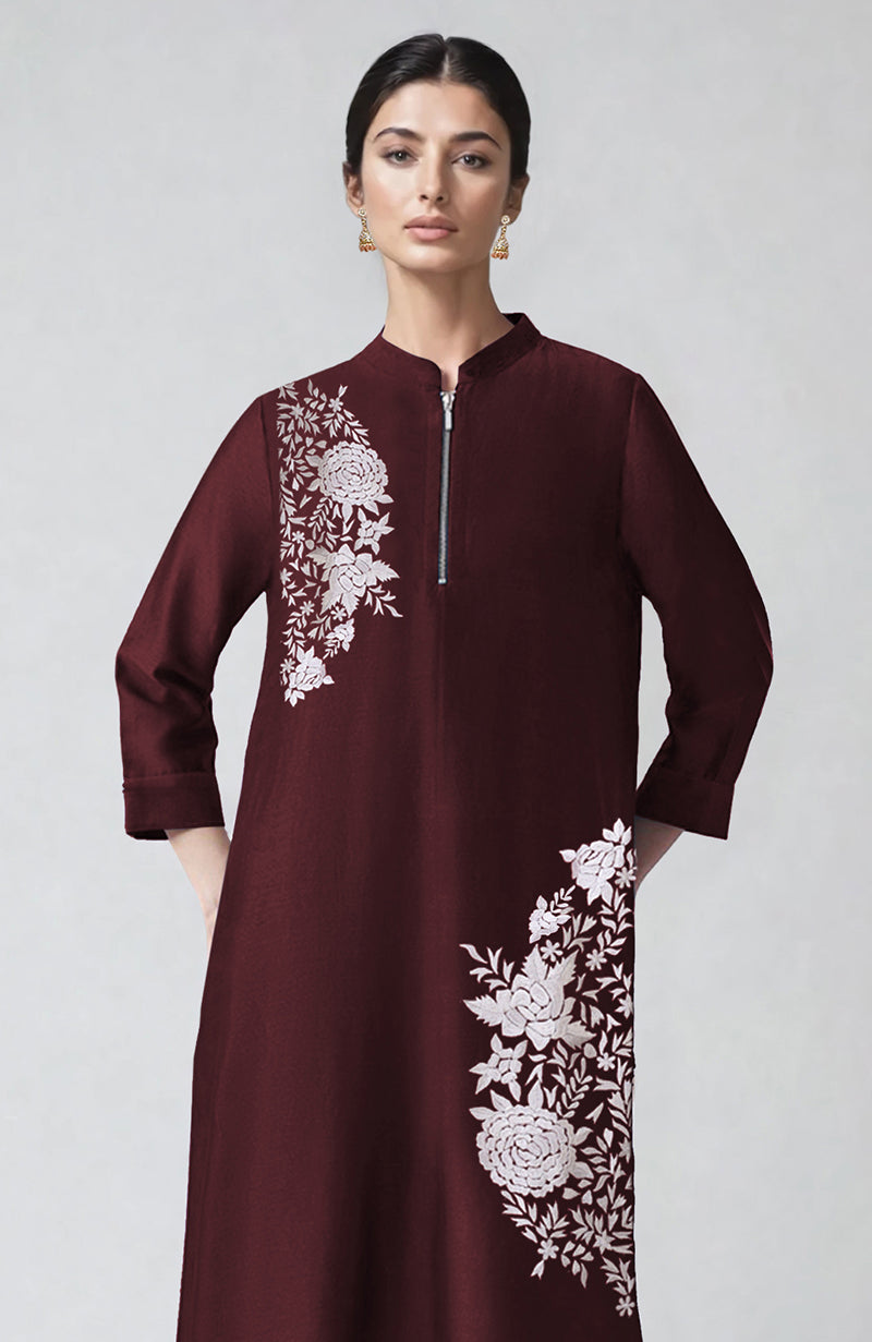 Wine Parsi Gara Embroidered Kaftan set