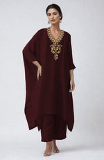 Wine Kashmiri Tilla Aari Embroidered Kaftan set