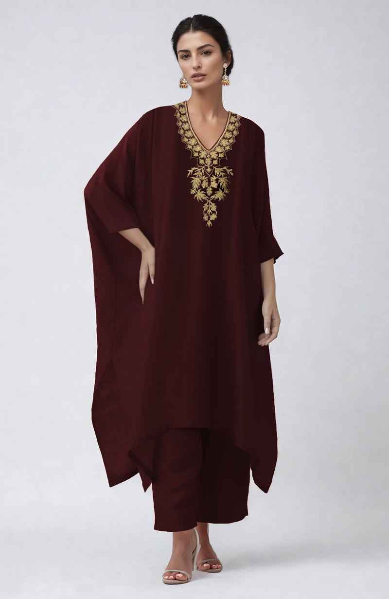 Wine Kashmiri Tilla Aari Embroidered Kaftan set