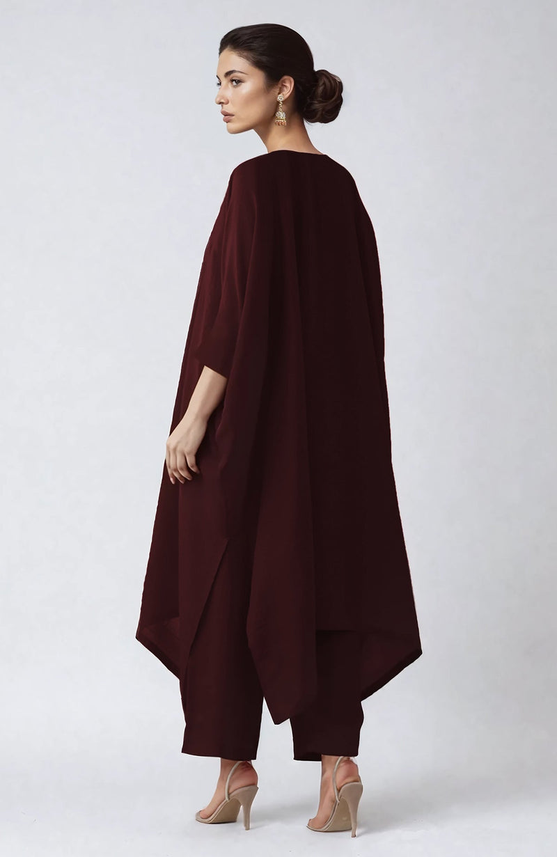 Wine Kashmiri Tilla Aari Embroidered Kaftan set