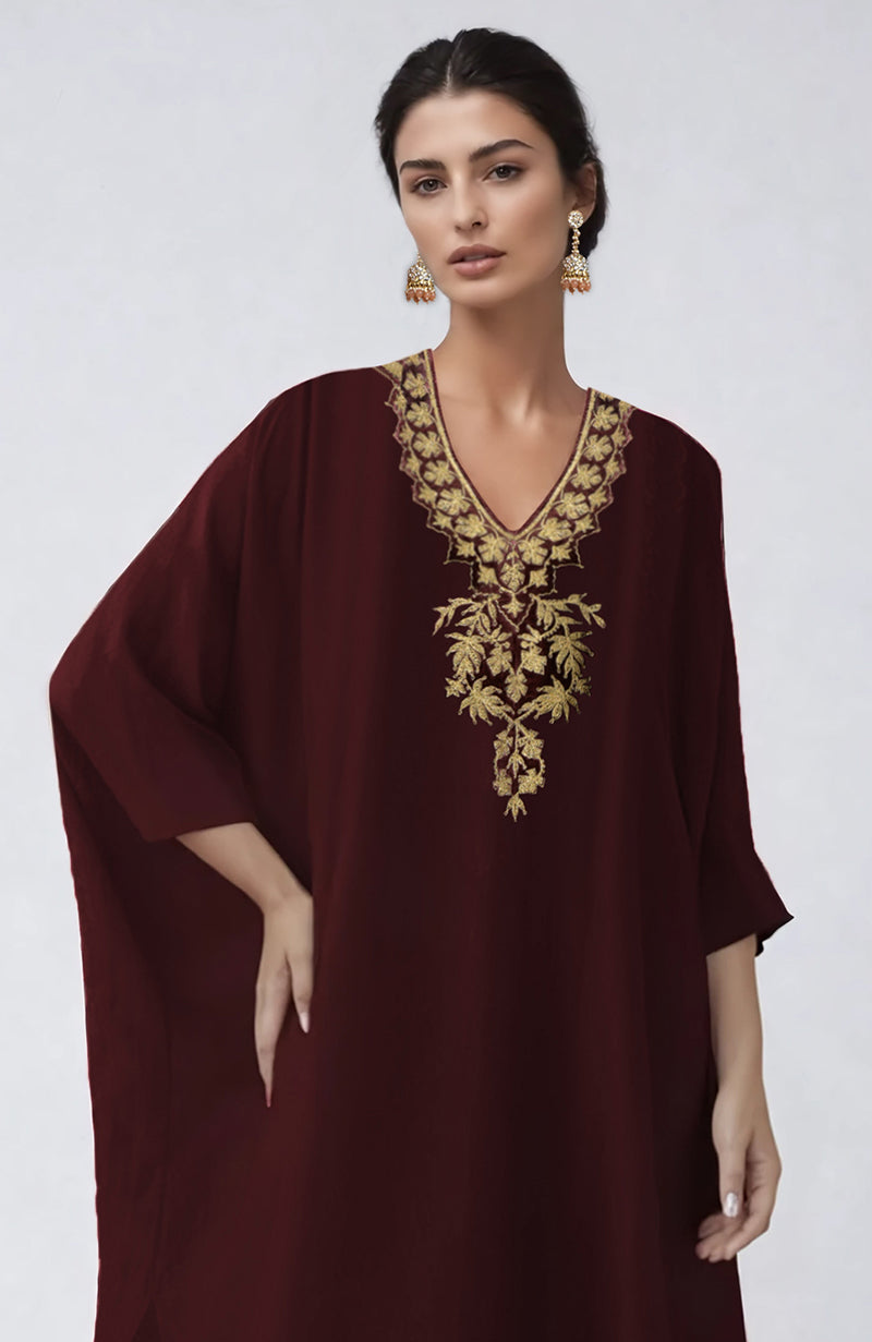 Wine Kashmiri Tilla Aari Embroidered Kaftan set