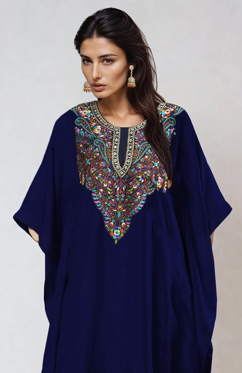 Midnight Blue Floral Resham-Papier Mache-Tilla Embroidered Kaftan set