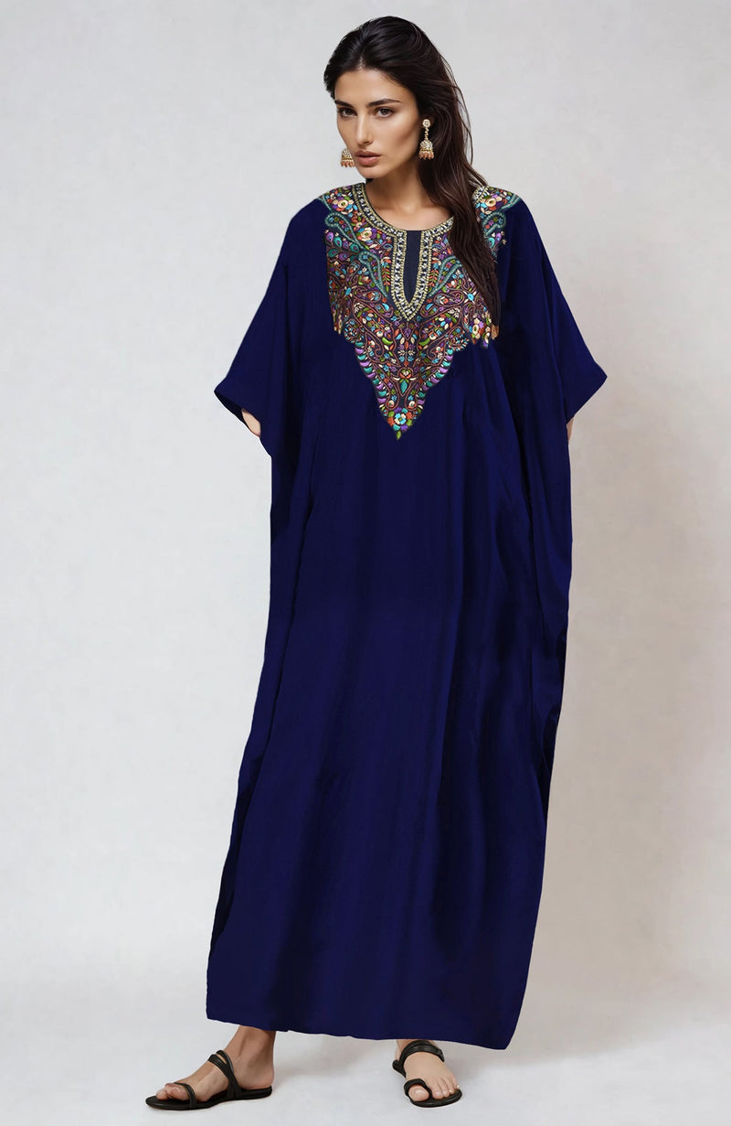 Midnight Blue Floral Resham-Papier Mache-Tilla Embroidered Kaftan