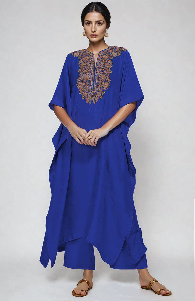 Royal Blue Kashmiri Tilla Embroidered Kaftan Set