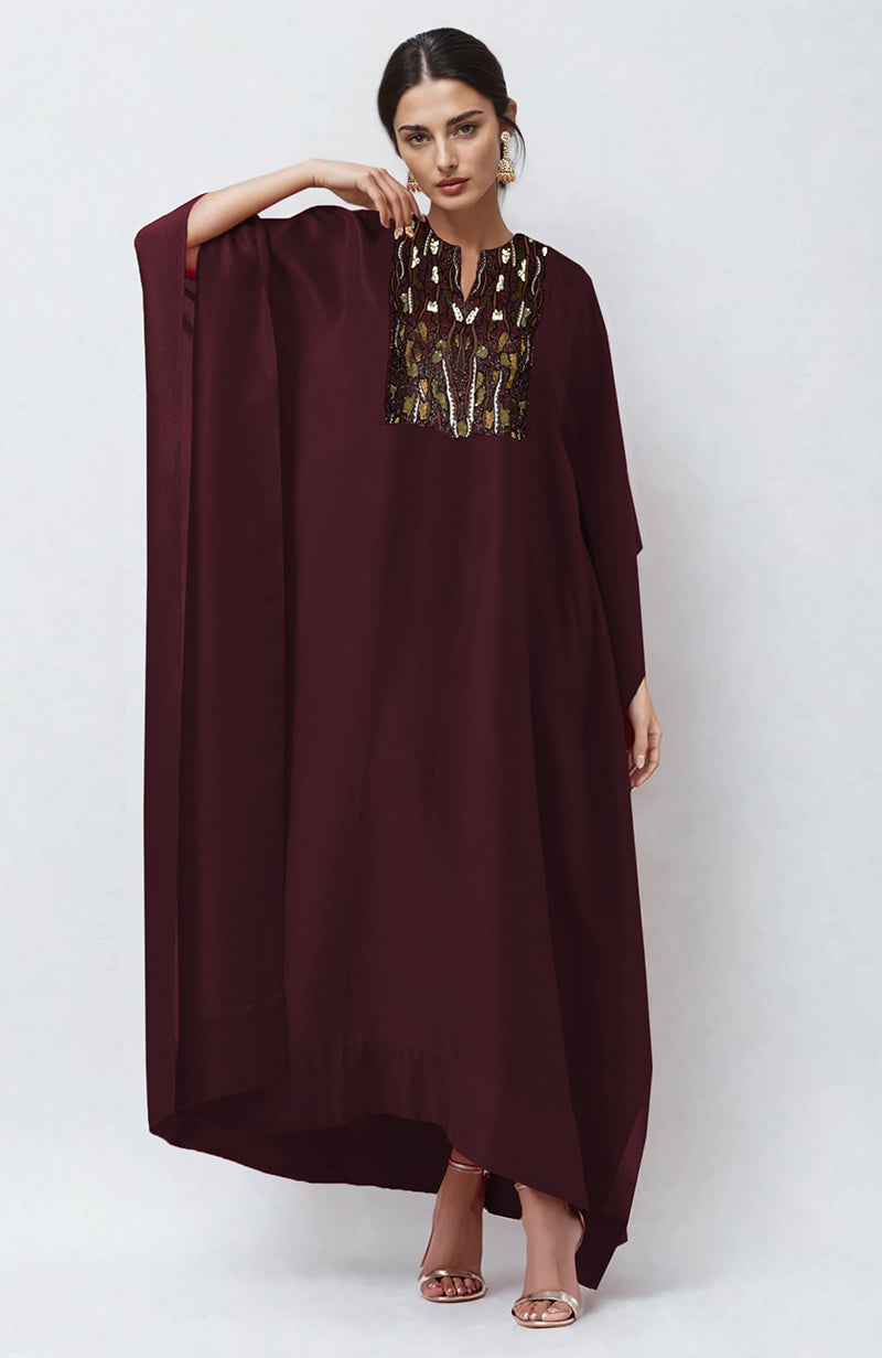 Burgundy Resham Sequin and Beads Embroidered Kaftan