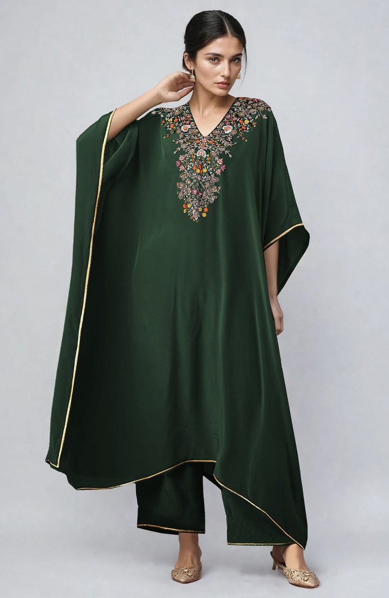 Bottle Green Marori & Resham Embroidered Kaftan Set