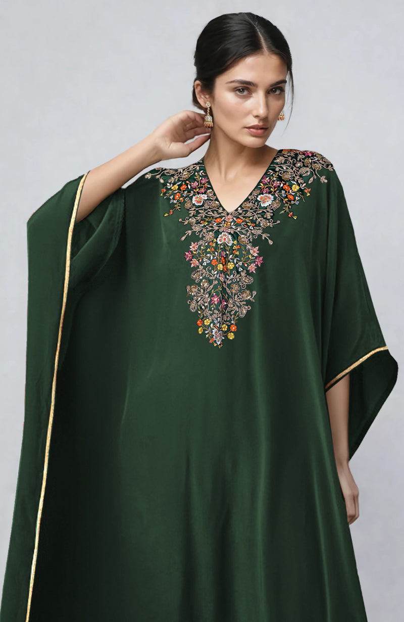 Bottle Green Marori & Resham Embroidered Kaftan Set