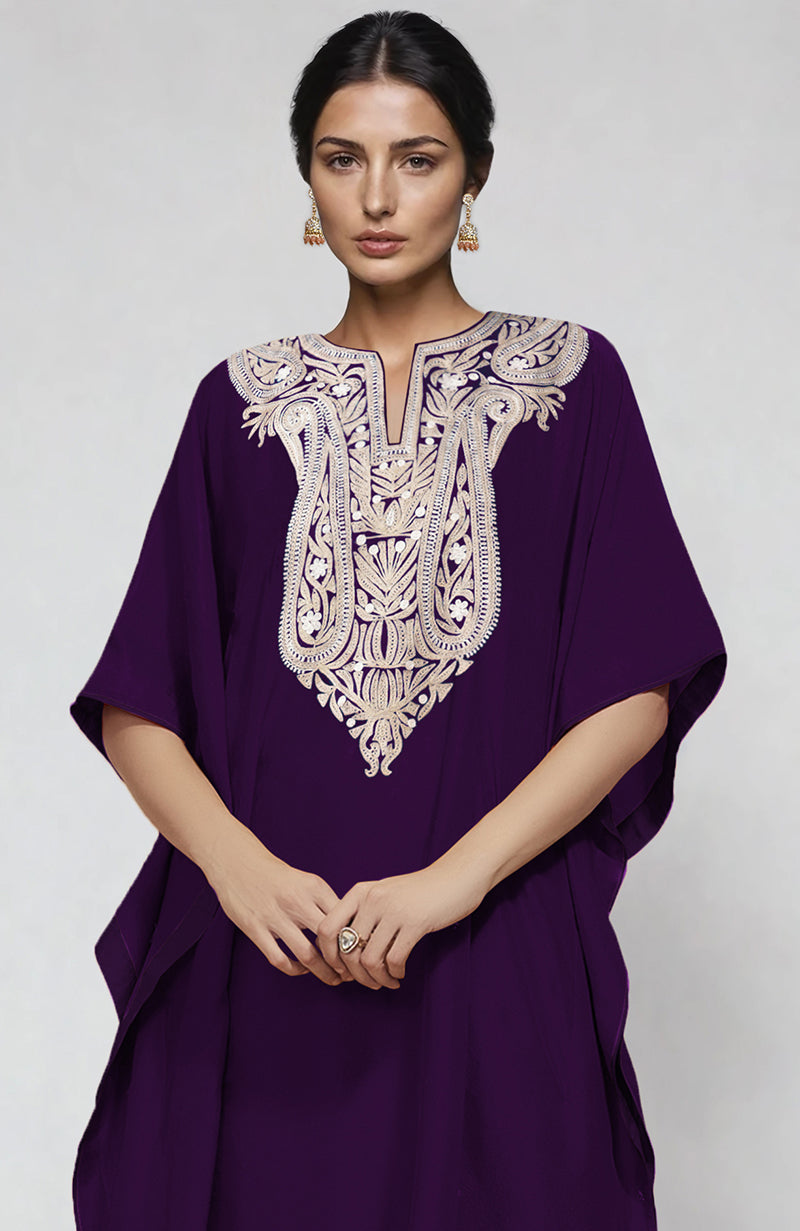 Plum  Paisley Resham Aari Embroidered Kaftan Set