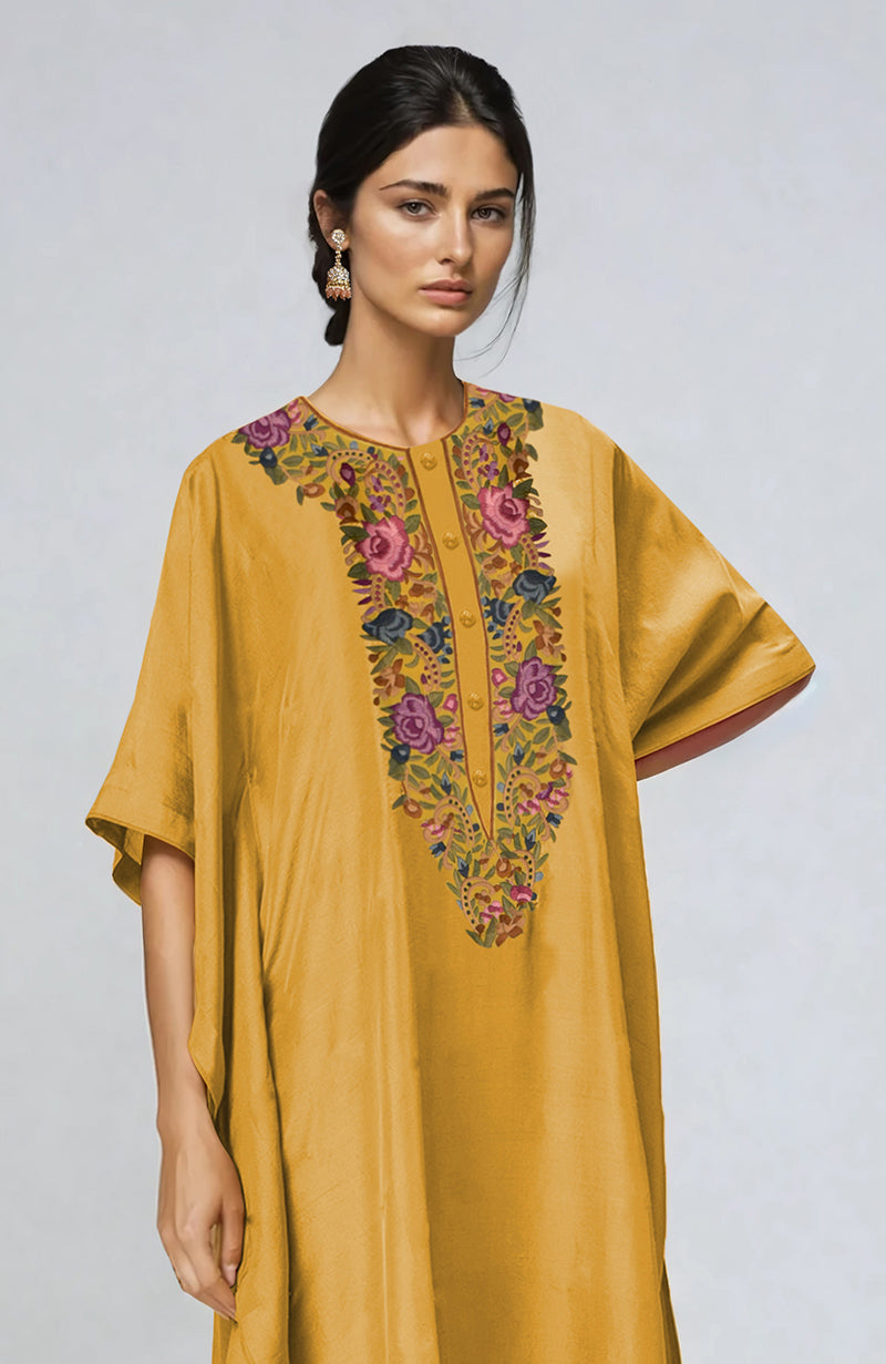 Calendula Yellow Parsi Gara Embroidered Kaftan