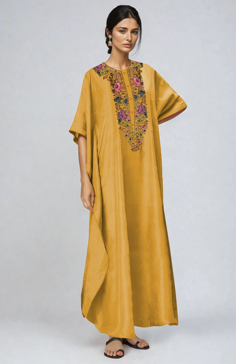 Calendula Yellow Parsi Gara Embroidered Kaftan
