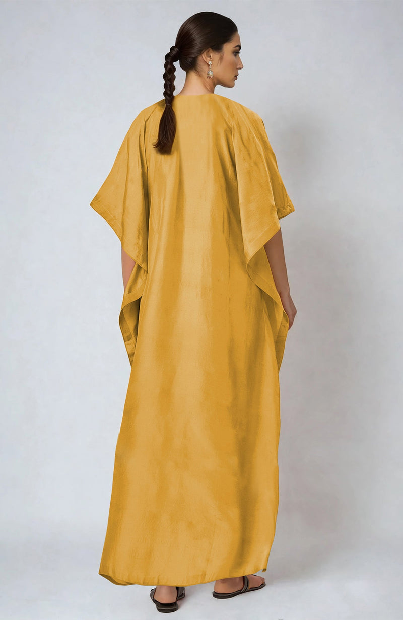 Calendula Yellow Parsi Gara Embroidered Kaftan
