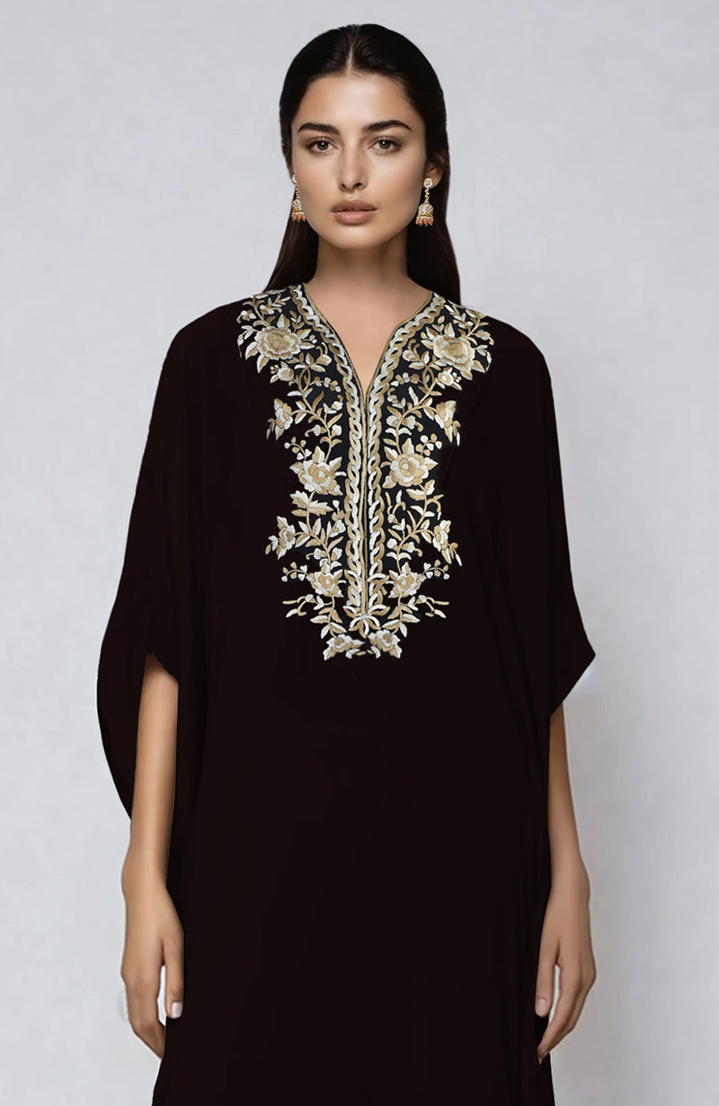 Black Floral Parsi Gara Embroidered Kaftan set