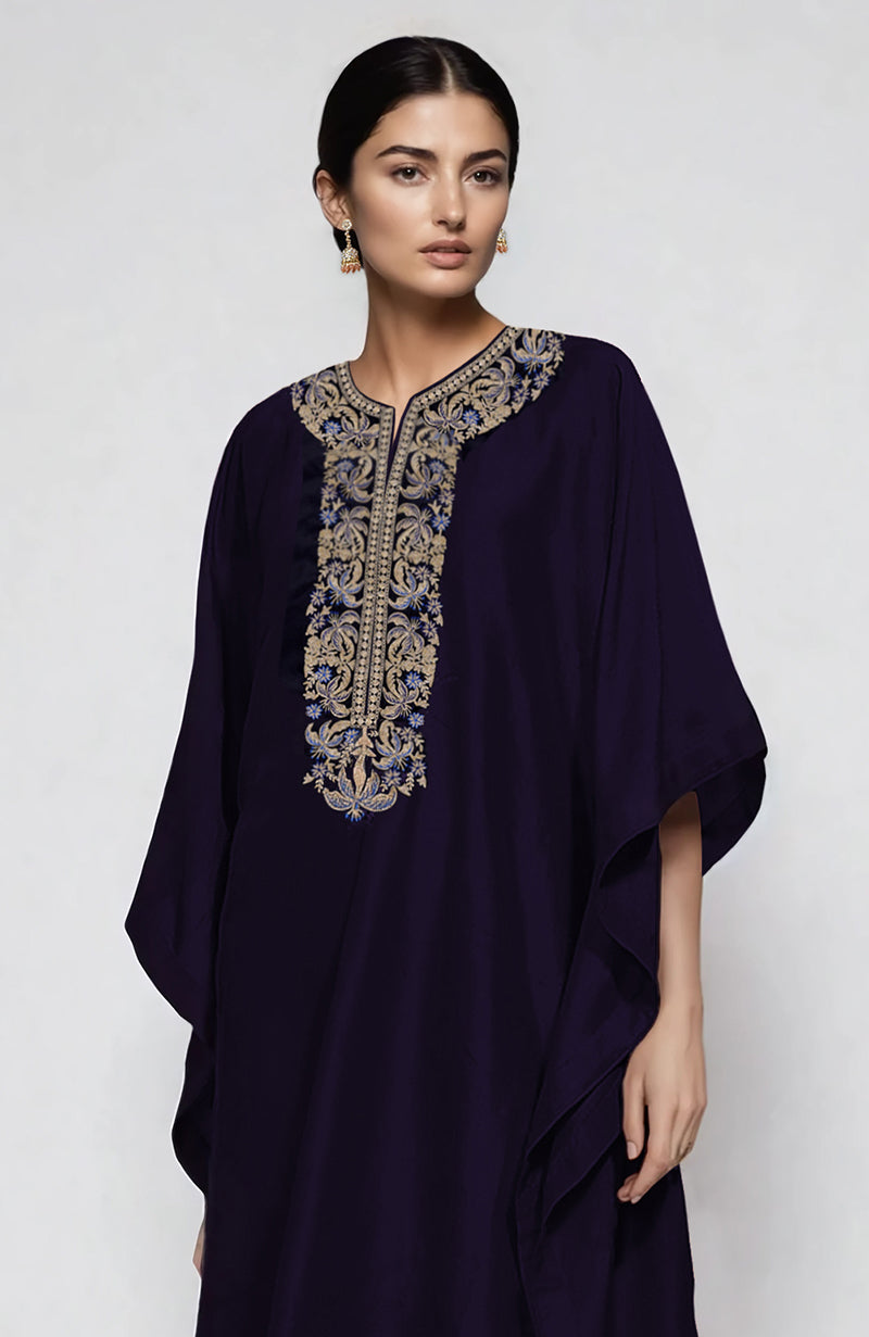 Midnight Blue  Kashidakari Embroidered Kaftan Set