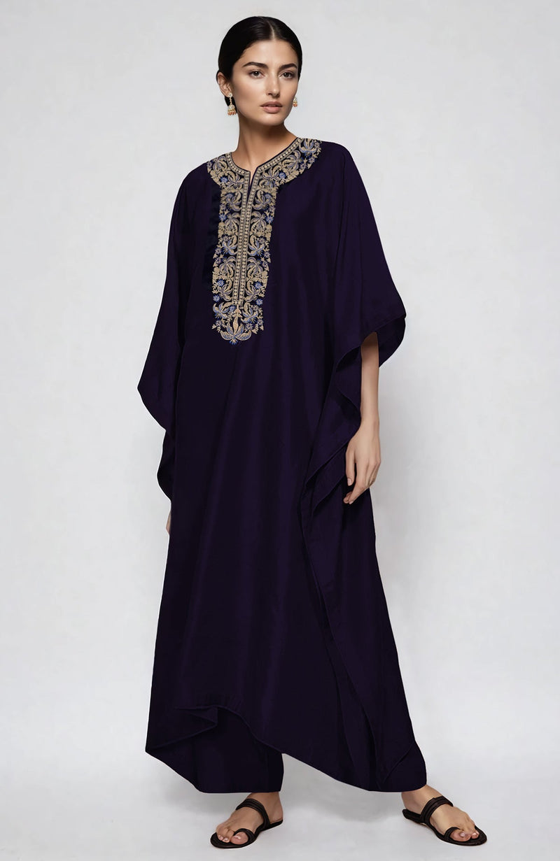 Midnight Blue  Kashidakari Embroidered Kaftan Set