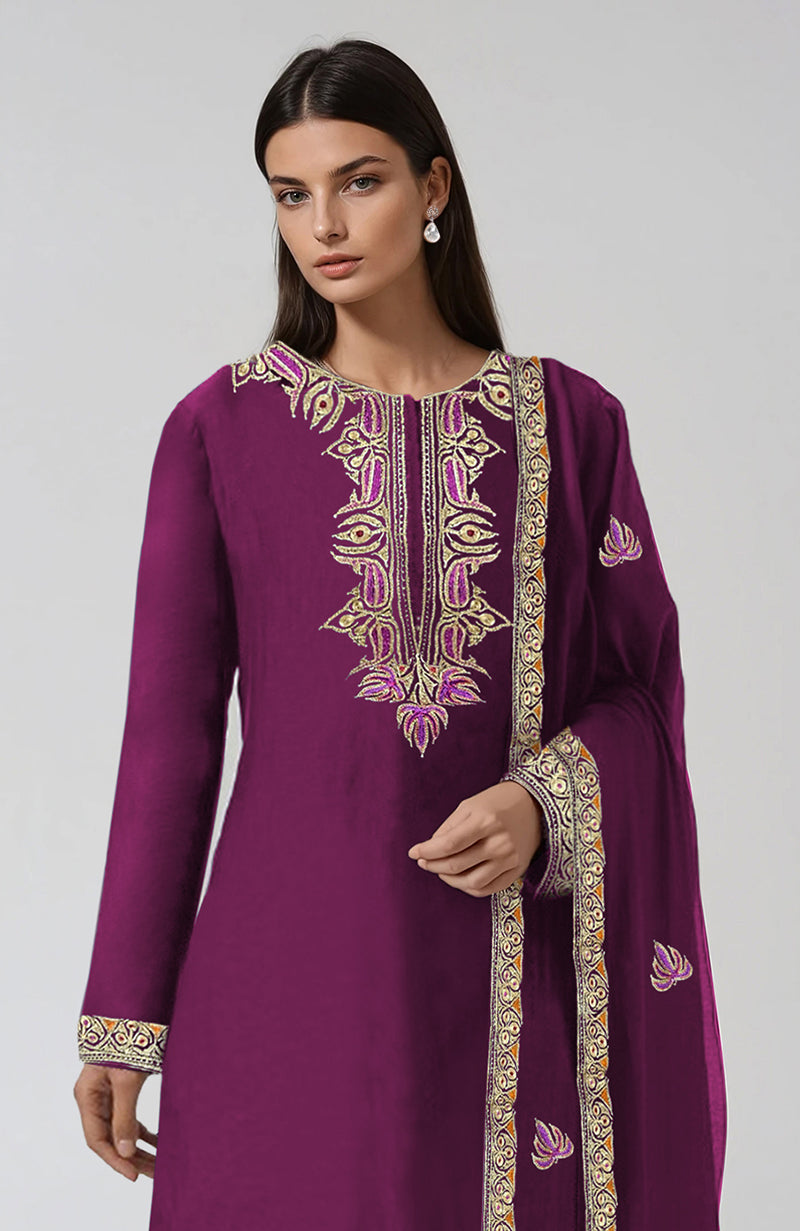 Peacock Pink Kashmiri Tilla and Resham Embroidered Kurta Set