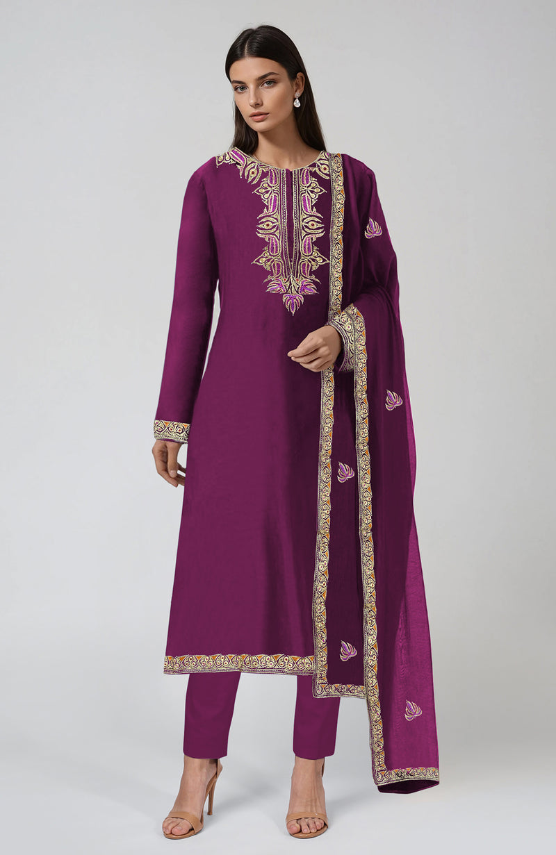 Peacock Pink Kashmiri Tilla and Resham Embroidered Kurta Set