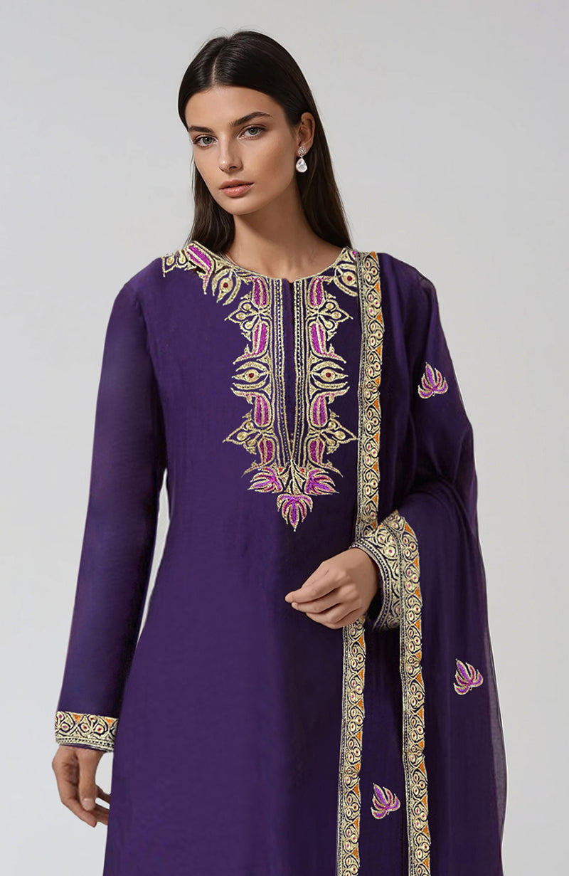 Indigo Purple Kashmiri Tilla and Resham Embroidered Kurta Set