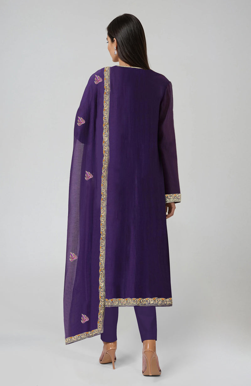 Indigo Purple Kashmiri Tilla and Resham Embroidered Kurta Set