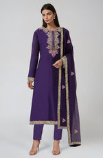 Indigo Purple Kashmiri Tilla and Resham Embroidered Kurta Set