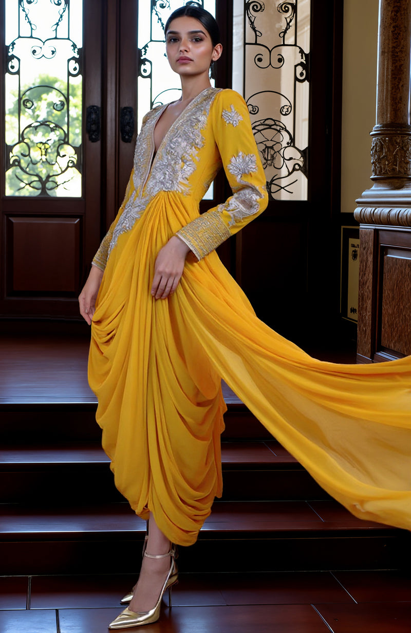 Mustard -Silver Embroidered Draped Skirt Set