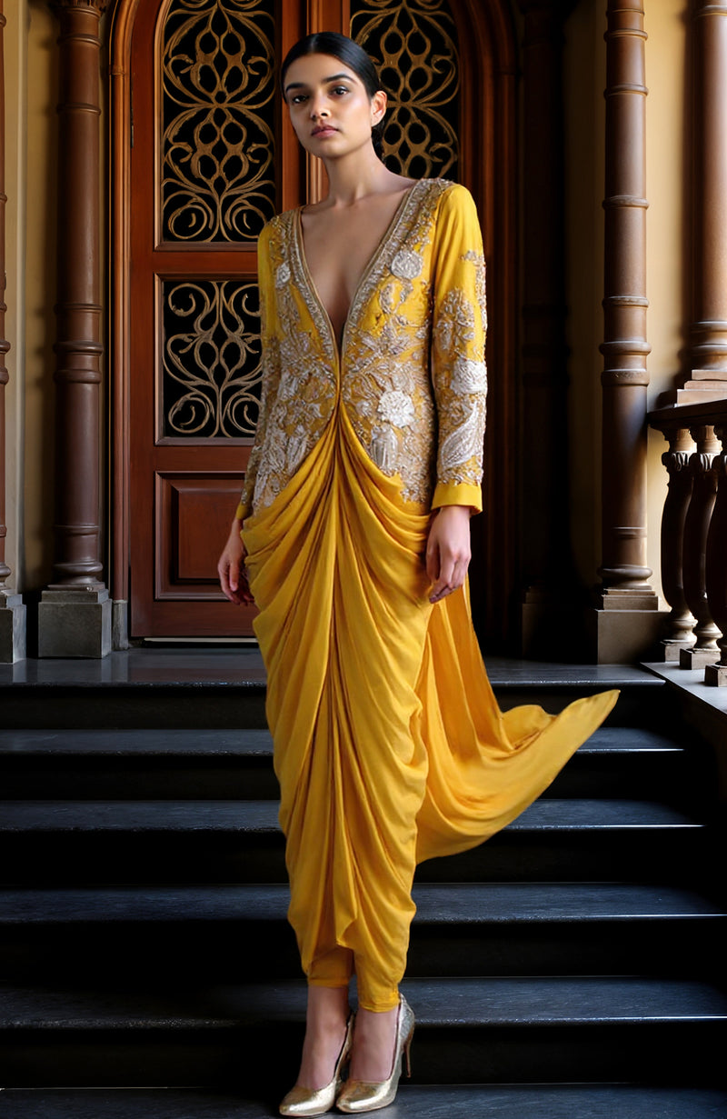 Mustard Draped Skirt Set with Silver & White Embroidery