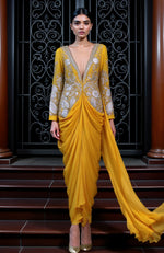 Mustard Draped Skirt Set with Silver & White Embroidery