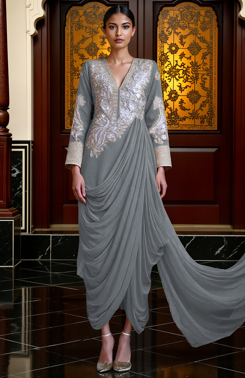 Stale Grey -Silver Embroidered Draped Skirt Set