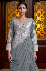 Stale Grey -Silver Embroidered Draped Skirt Set