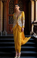 Mustard Draped Skirt Set with Silver & White Embroidery