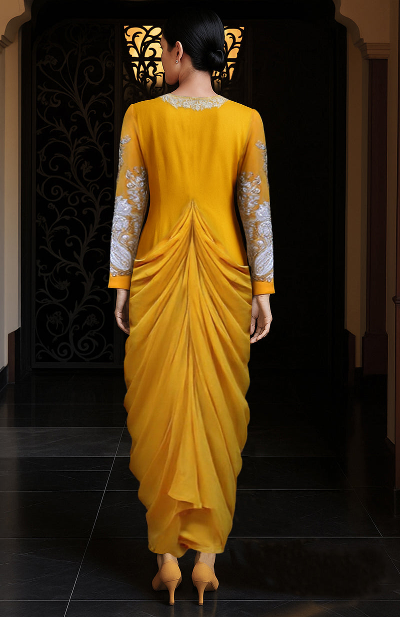 Mustard Draped Skirt Set with Silver & White Embroidery