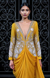 Mustard Draped Skirt Set with Silver & White Embroidery