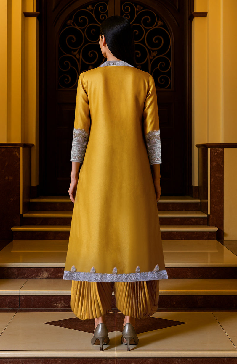 Mustard Yellow Silver Embroidered Jacket Dhoti Set