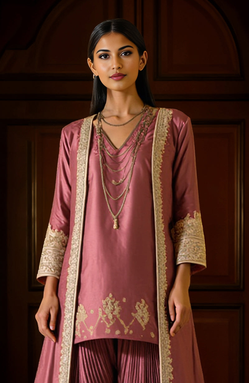 Rapture Rose Silver Embroidered Jacket Dhoti Set