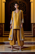 Mustard Yellow Silver Embroidered Jacket Dhoti Set