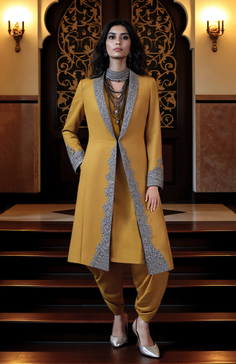 Mustard Yellow Silver Embroidered Jacket and Dhoti Pants Set